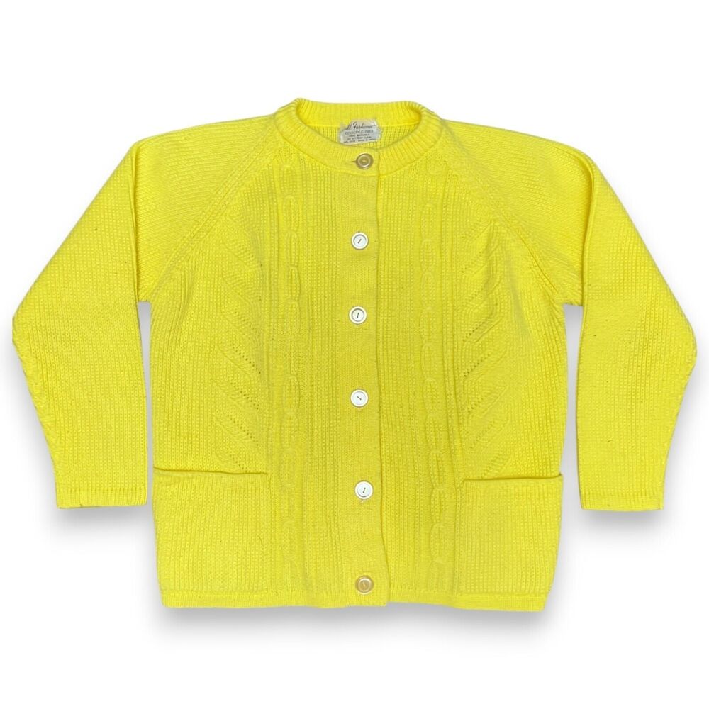Vintage Full Fashioned 1950s Lemon Yellow Cardigan Sweater w/ Buttons Grandma